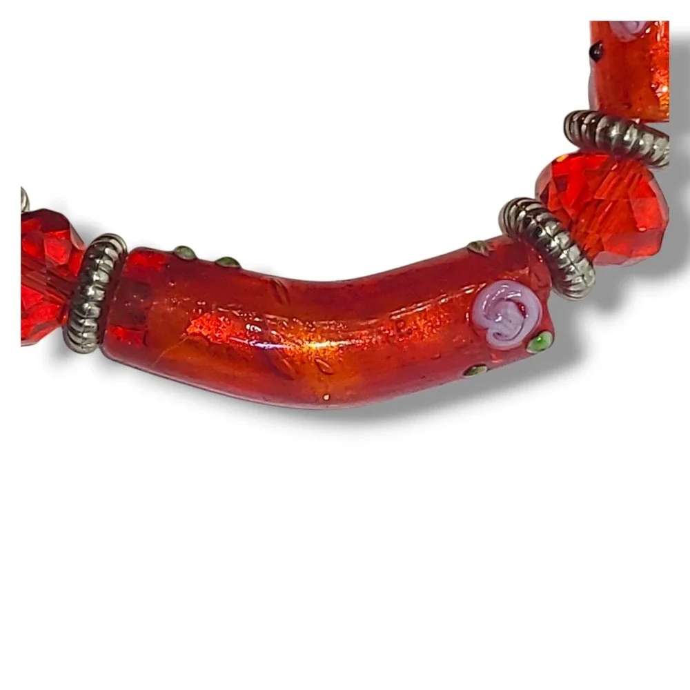 Red‎ Lampwork Glass & Crystal Beads Stretch Bracelet Stack of 2